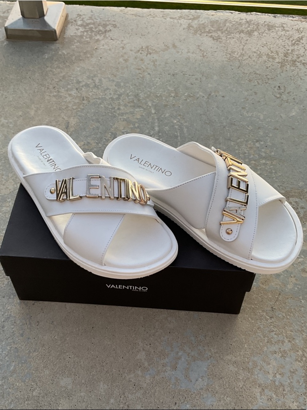 Valentino White Slide Sandals with Gold Logo Plaque